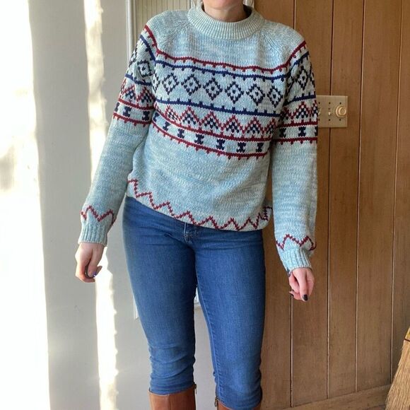 VTG 70s 80s National Alpine Fair Isle Ski Sweater Blue Red White Unisex L - Picture 2 of 7